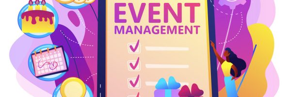 Manager with checklist creating event plan and development. Event management and planning service, how to plan an event, planning software concept. Bright vibrant violet vector isolated illustration